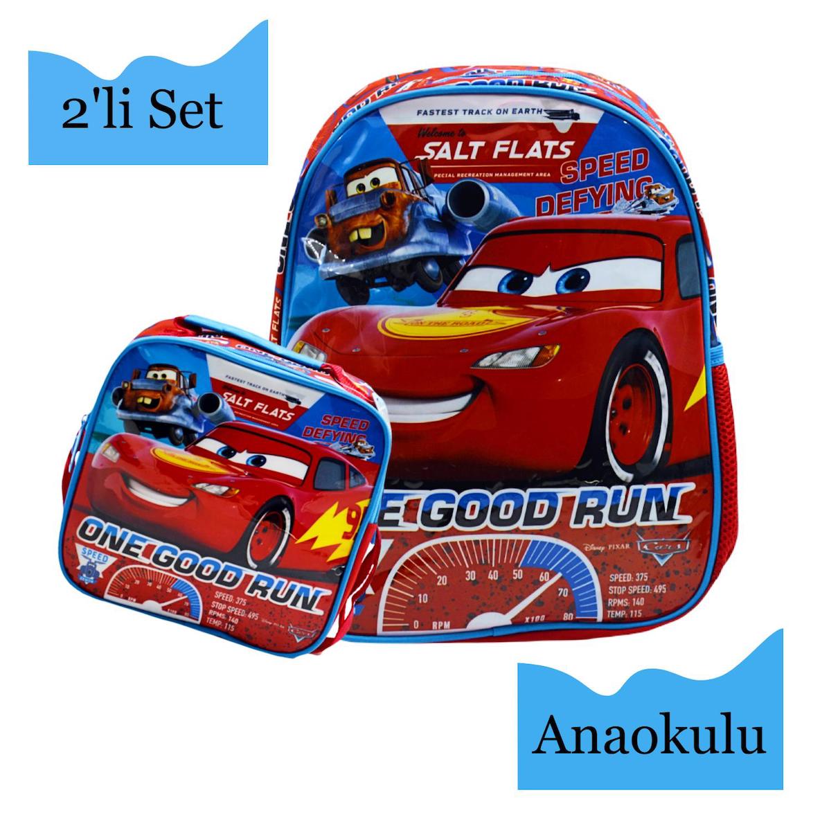 Frocx 2514 Şimşek Mcqueen Cars Su Geçirmez Tek Gözlü Mavi Anaokulu Erkek Çocuk Sırt Çantası + Beslenme Çantası