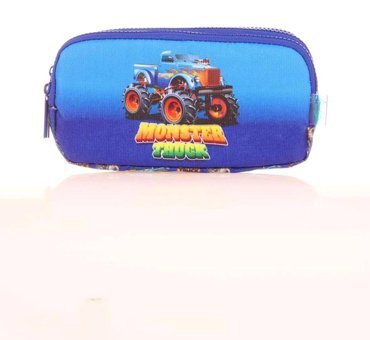 Kaukko Kids Cube Monster Truck L8176 Mavi Desenli Bez Bölmeli 3 Gözlü Dikdörtgen Cüzdan Kalemlik