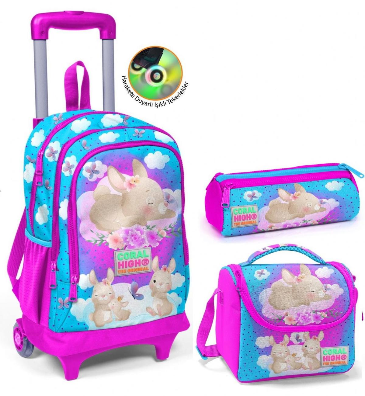 Yaygan Çanta Kids Tavşan Hayvan Tekerlekli Su Geçirmez 3 Gözlü Mavi-Pembe İlkokul Kız Çocuk Çekçekli Çanta Seti