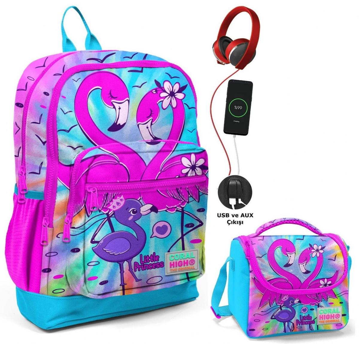 Yaygan Çanta Kids Flamingo Hayvan Tekerlekli Su Geçirmez 4 Gözlü Mavi-Pembe İlkokul Kız Çocuk Sırt Çantası + Beslenme Çantası