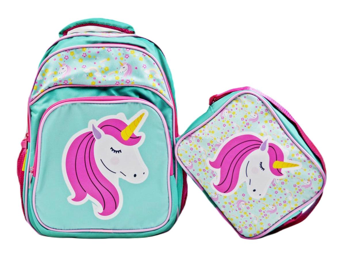 Sentor Unicorn Hayvan 3 Gözlü Pembe-Turkuaz İlkokul Kız Çocuk Sırt Çantası + Beslenme Çantası