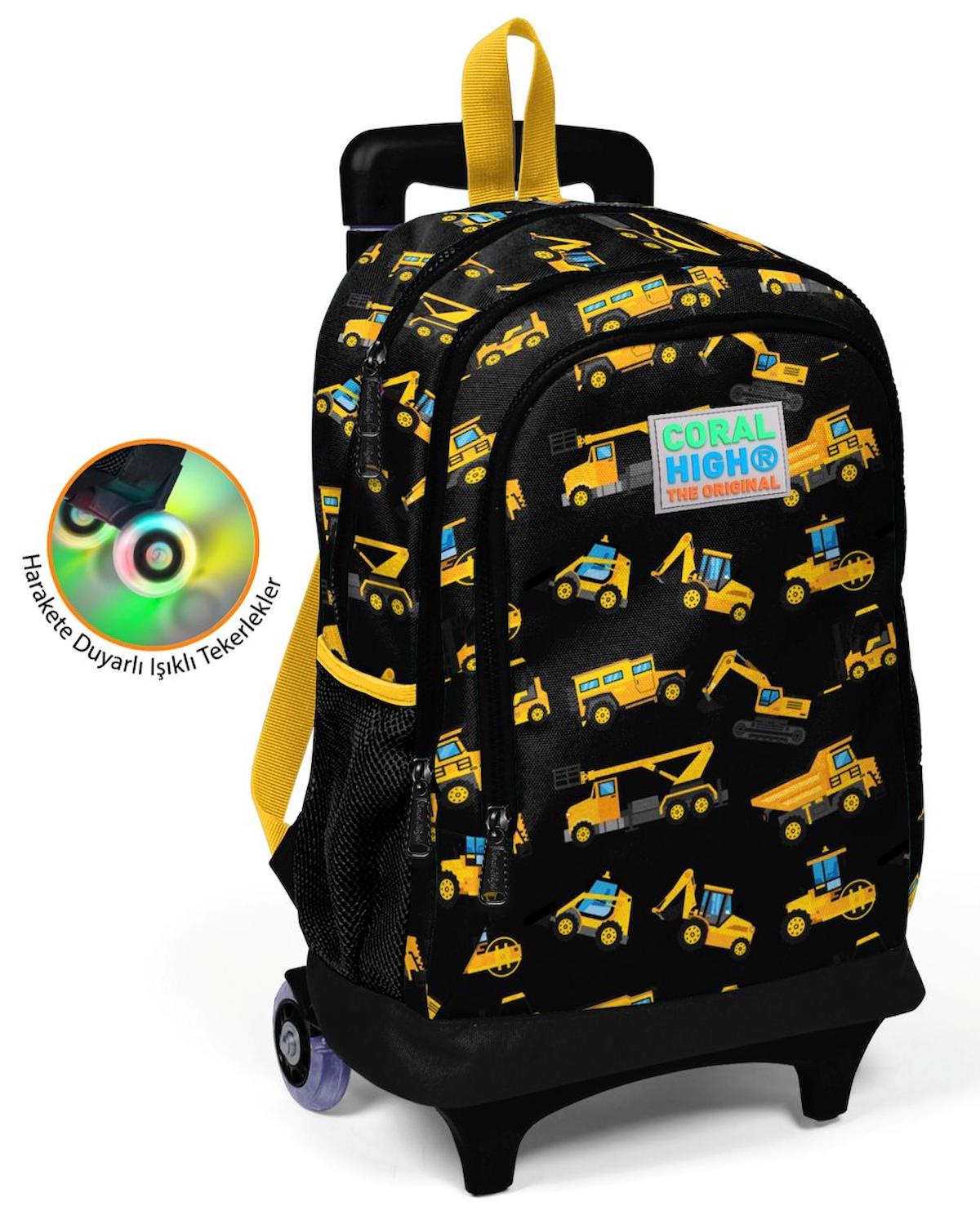 Yaygan Çanta Kids İş Makineleri Tekerlekli Su Geçirmez 4 Gözlü Çok Renkli İlkokul Erkek Çocuk Çekçekli Çanta Seti
