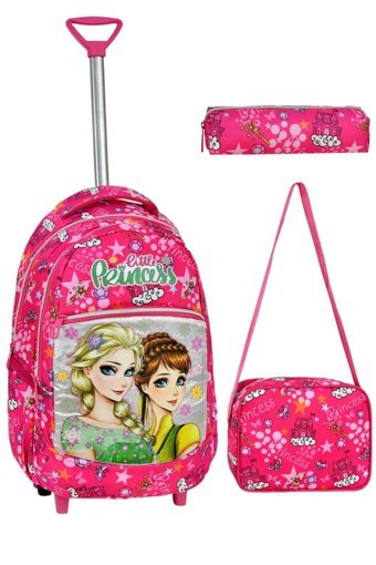 Gülşah Çaptı Bag Frozen Tekerlekli Su Geçirmez 3 Gözlü Pembe İlkokul Kız Çocuk Çekçekli Çanta Seti