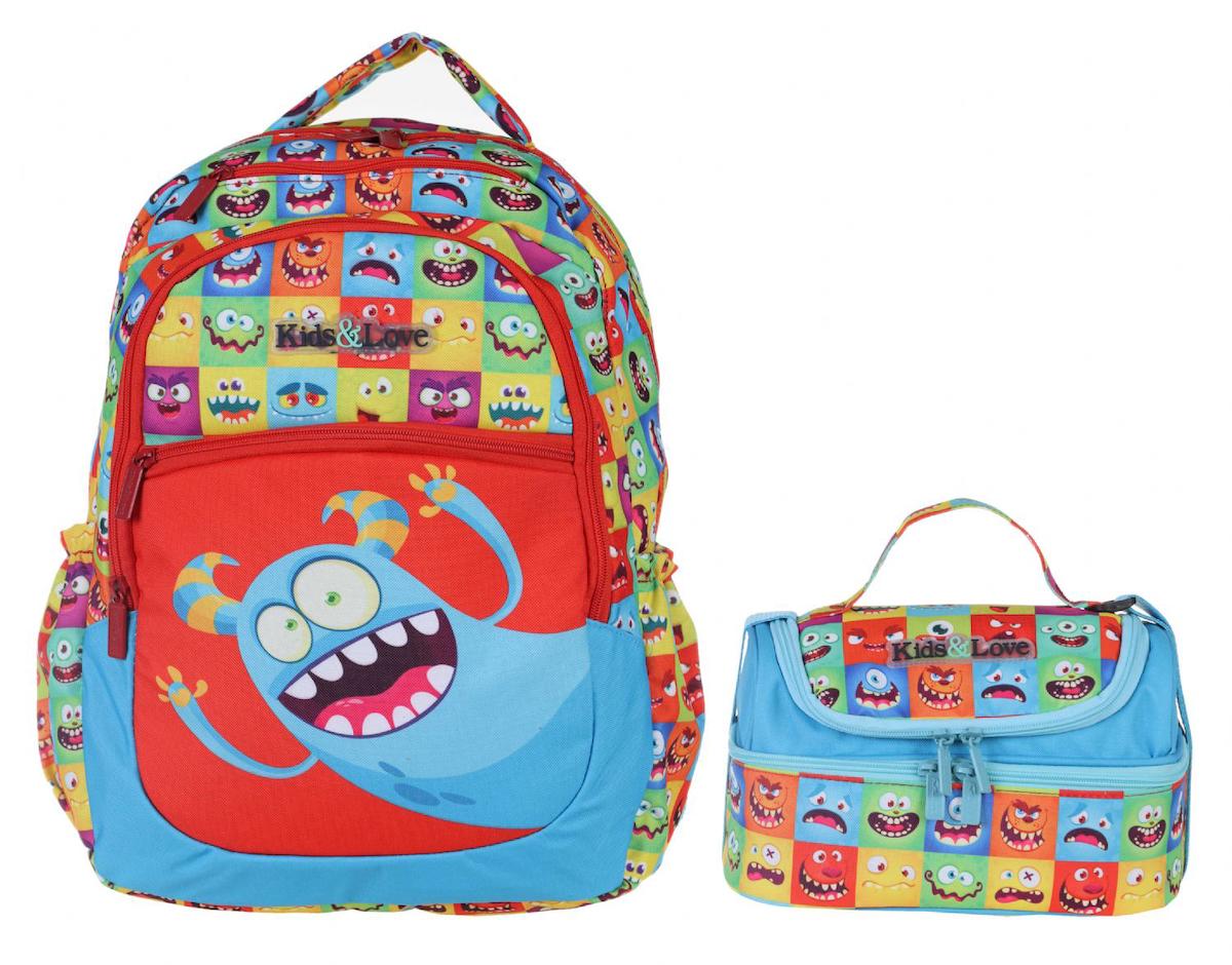 Kaukko Kids&Love Sevimli Canavarlar 4 Gözlü Çok Renkli İlkokul Erkek Çocuk Sırt Çantası + Beslenme Çantası