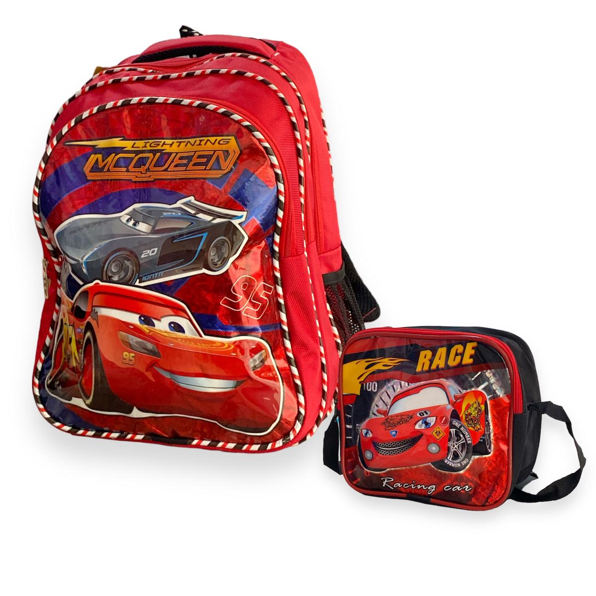 DKMKİTAP 3194 Şimşek Mcqueen Cars 3 Gözlü Kırmızı İlkokul Erkek Çocuk Sırt Çantası + Beslenme Çantası