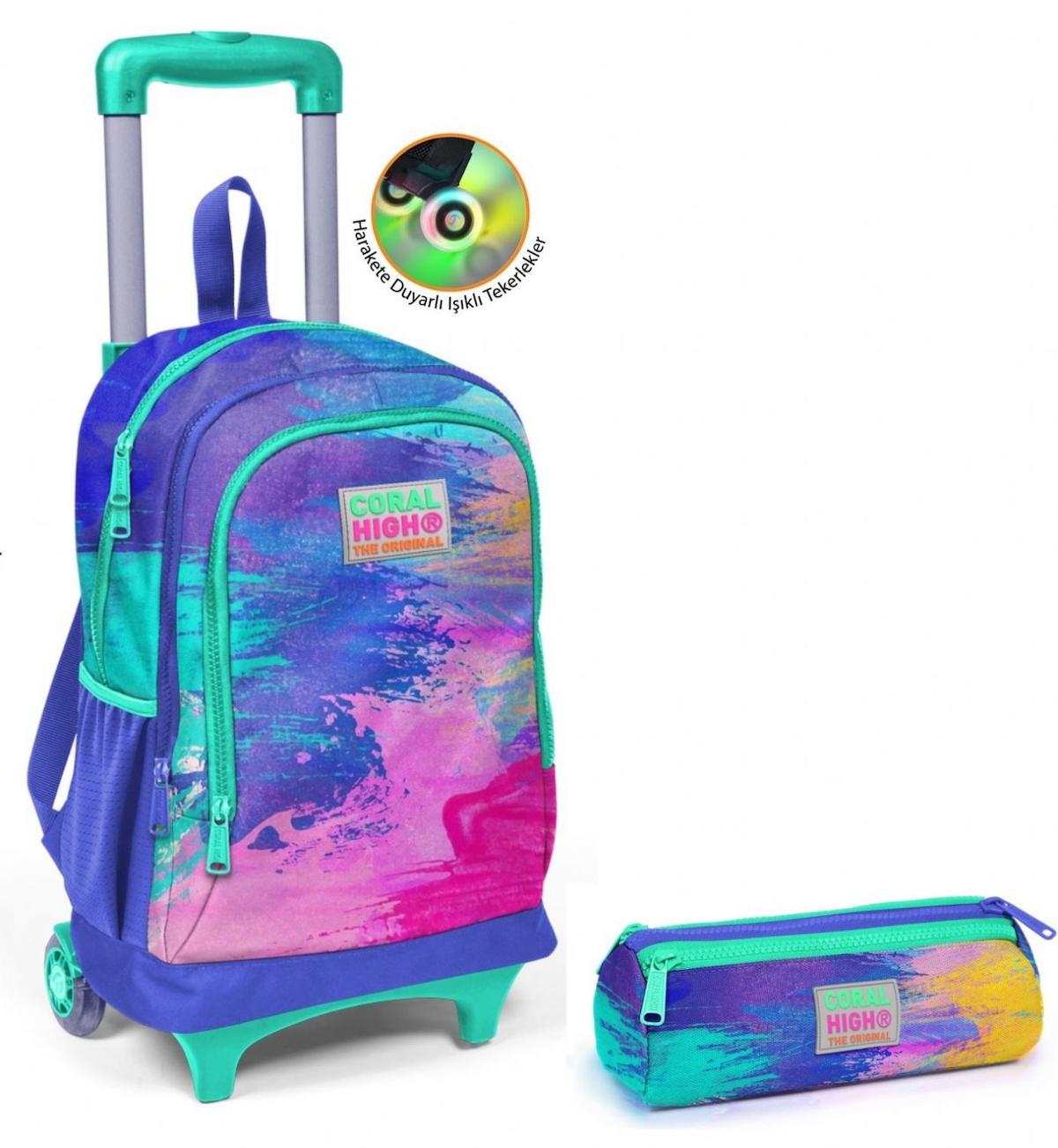 Yaygan Çanta Kids Batik Tekerlekli 3 Gözlü Eflatun İlkokul Kız Çocuk Çekçekli Çantası + Kalemlik