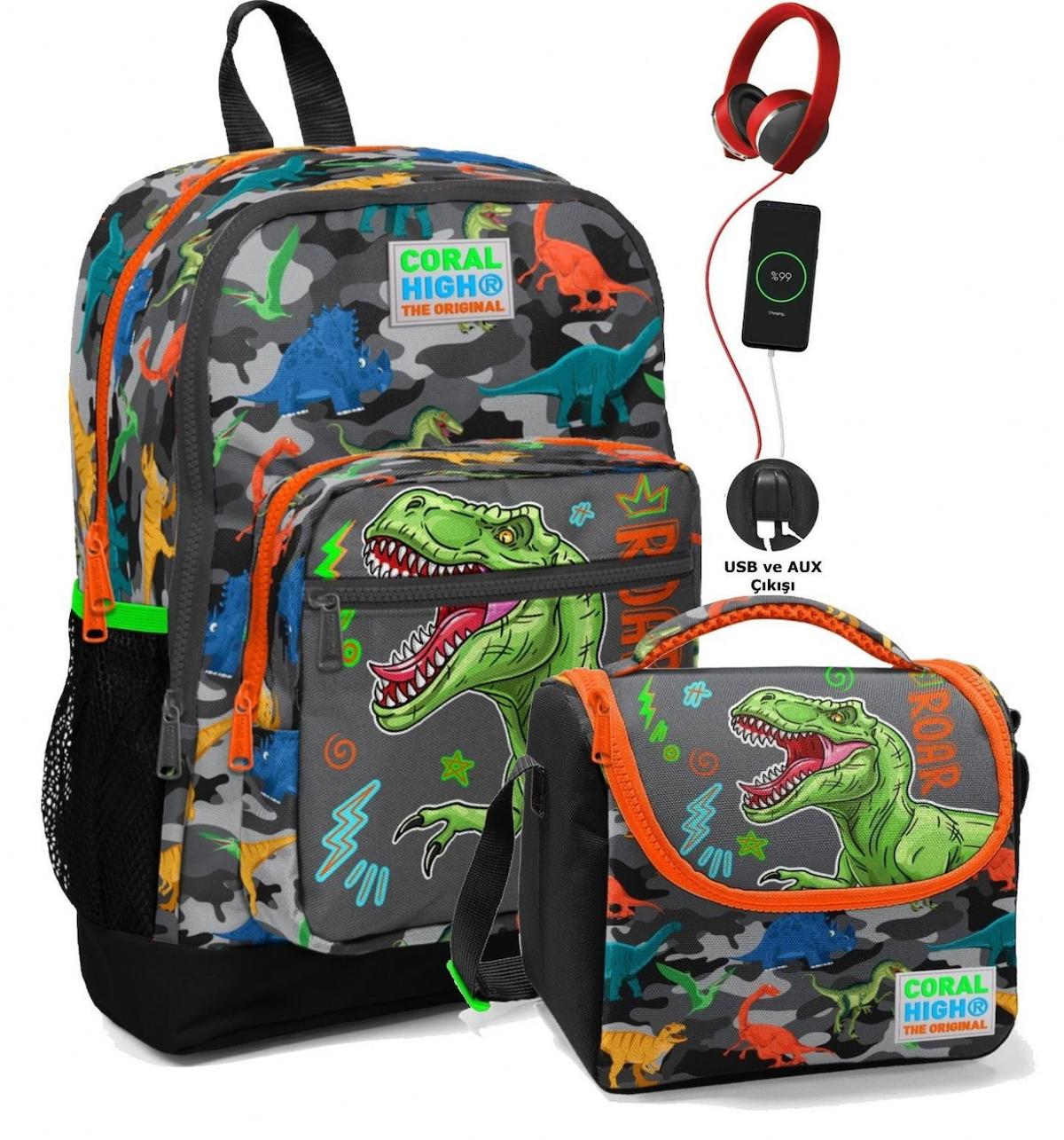 Yaygan Çanta Kids Dinozor Hayvan Su Geçirmez 4 Gözlü Çok Renkli İlkokul Erkek Sırt Çantası + Beslenme Çantası