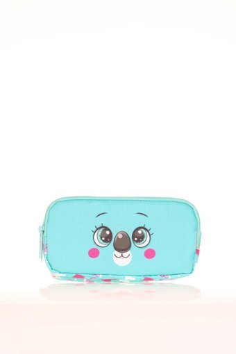 Kaukko Kids ı Cute Face Koala L8143 Mavi Desenli Bez Bölmeli 3 Gözlü Dikdörtgen Cüzdan Kalemlik