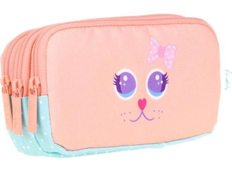 Kaukko Kids Cute Face Cat L8142 Çok Renkli Desenli Bez Bölmeli 3 Gözlü Dikdörtgen Cüzdan Kalemlik