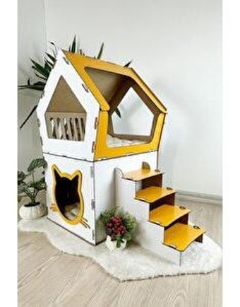 Mavitrend Xxl Dikdörtgen 2 Katlı Ahşap Kedi Evi Beyaz-Sarı
