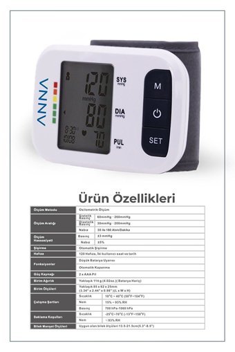 Anna B2 Comfort 2 Kullanıcı 120 Ölçüm Hafızalı Konuşan Dijital Bilekten Tam Otomatik Tansiyon Aleti