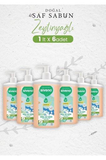 Siveno Pure Naturel Zeytinyağlı Alkolsüz Vegan Parabensiz Organik Nemlendiricili 6'lı 1 lt Sıvı Sabun