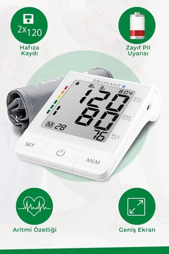 Medisana 51174 2 Kullanıcı 240 Ölçüm Hafızalı Konuşan Dijital Koldan Tam Otomatik Tansiyon Aleti