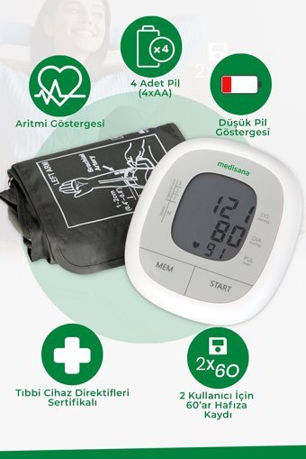 Medisana 48672 2 Kullanıcı 120 Ölçüm Hafızalı Dijital Koldan Tam Otomatik Tansiyon Aleti