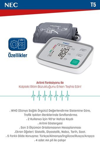 Nec T5 2 Kullanıcı 180 Ölçüm Hafızalı Konuşan Dijital Koldan Tam Otomatik Tansiyon Aleti