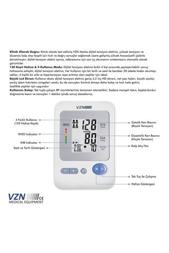Vzn 1334 4 Kullanıcı 120 Ölçüm Hafızalı Konuşan Dijital Koldan Tam Otomatik Tansiyon Aleti