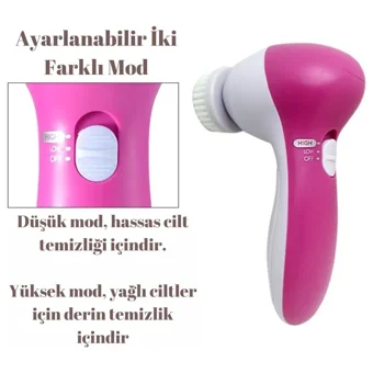 Angel Of Life Karma Ciltler İçin 5 Başlıklı Fırçalı Pilli Titreşimli Yüz Temizleme Cihazı Pembe