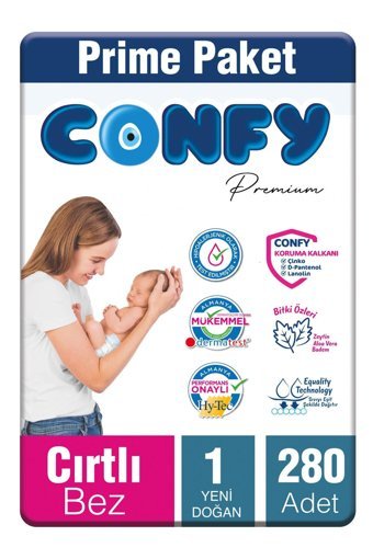 Confy Premium 1 Numara Cırtlı Bebek Bezi 280'li
