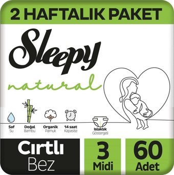 Sleepy Natural 3 Numara Yıkanabilir Cırtlı Bebek Bezi 60'lı