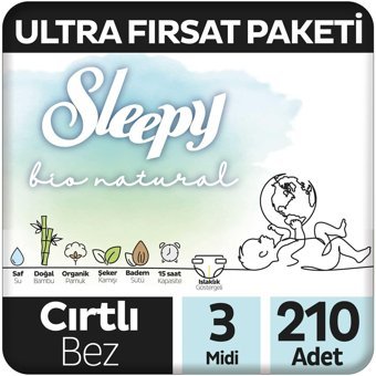 Sleepy Bio Natural 3 Numara Organik Cırtlı Bebek Bezi 210'lu