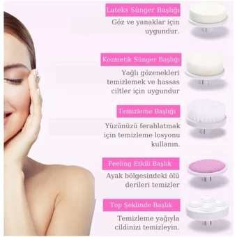 Magicway 5 İn 1 Tüm Ciltler İçin 5 Başlıklı Fırçalı Pilli Titreşimli Yüz Temizleme Cihazı Pembe