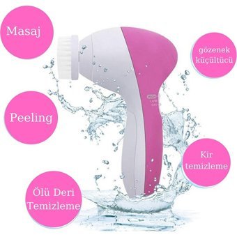 Mbois 5 İn 1 Tüm Ciltler İçin 5 Başlıklı Fırçalı Pilli Titreşimli Yüz Temizleme Cihazı Pembe