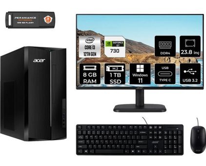 Acer Aspire TC1760 DTBHUEM004MNT2403 Harici GeForce GT 730 4 GB Intel Core i3 12100 8 GB Ram 1 TB SSD Tower Windows 11 Pro 23.8 inç Monitörlü Masaüstü Bilgisayar + PER4 BELLEK