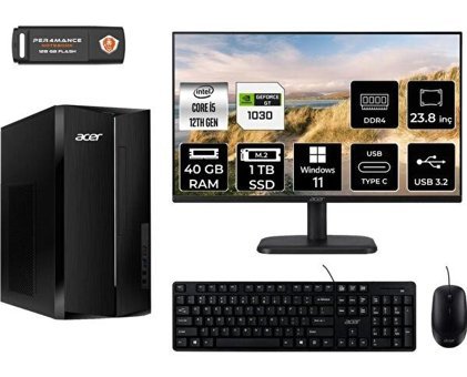 Acer Aspire TC1760 DTBHUEM005MNT3388 Harici GeForce GT 1030 Intel Core i5 12400 40 GB Ram 1 TB SSD Tower Windows 11 Home 23.8 inç Monitörlü Masaüstü Bilgisayar + PER4 BELLEK
