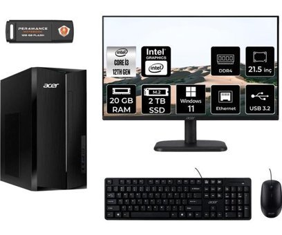 Acer Aspire TC1760 DTBHUEM004MNT419 Dahili Intel UHD Graphics Intel Core i3 12100 20 GB Ram 2 TB SSD Tower Windows 11 Pro 21.5 inç Monitörlü Masaüstü Bilgisayar + PER4 BELLEK