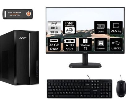 Acer Aspire TC1760 DTBHUEM004MNT380 Dahili Intel UHD Graphics Intel Core i3 12100 32 GB Ram 4 TB SSD Tower Windows 11 Home 21.5 inç Monitörlü Masaüstü Bilgisayar + PER4 BELLEK
