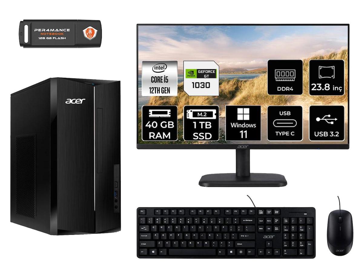 Acer Aspire TC1760 DT.BHUEM.005 Harici GeForce GT 1030 Intel Core i5 12400 40 GB Ram 1 TB SSD Tower Windows 11 Pro 23.8 inç Monitörlü Masaüstü Bilgisayar