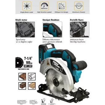 Assur 36 V 4200 devir/dk 185 mm Kablosuz Akülü Şarjlı Daire Testere