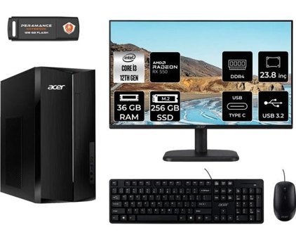 Acer Aspire TC1760 DTBHUEM004MNT1331 Harici Radeon RX 550 Intel Core i3 12100 36 GB Ram 256 GB SSD Tower FreeDos 23.8 inç Monitörlü Masaüstü Bilgisayar + PER4 BELLEK