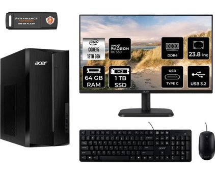 Acer Aspire TC1760 DTBHUEM005MNT1348 Harici Radeon RX 550 Intel Core i5 12400 64 GB Ram 1 TB SSD Tower FreeDos 23.8 inç Monitörlü Masaüstü Bilgisayar + PER4 BELLEK