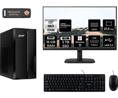 Acer Aspire TC1760 DTBHUEM004MNT1414 Harici Radeon RX 550 Intel Core i3 12100 16 GB Ram 2 TB SSD Tower Windows 11 Pro 21.5 inç Monitörlü Masaüstü Bilgisayar + PER4 BELLEK