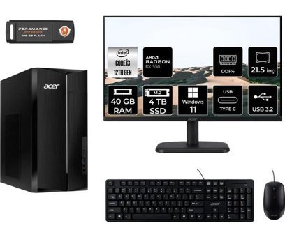 Acer Aspire TC1760 DTBHUEM004MNT1390 Harici Radeon RX 550 Intel Core i3 12100 40 GB Ram 4 TB SSD Tower Windows 11 Home 21.5 inç Monitörlü Masaüstü Bilgisayar + PER4 BELLEK