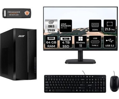Acer Aspire TC1760 DTBHUEM004MNT1450 Harici Radeon RX 550 Intel Core i3 12100 64 GB Ram 4 TB SSD Tower Windows 11 Pro 21.5 inç Monitörlü Masaüstü Bilgisayar + PER4 BELLEK