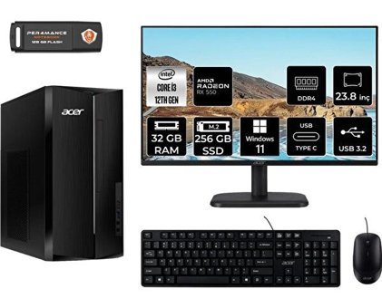 Acer Aspire TC1760 DTBHUEM004MNT1376 Harici Radeon RX 550 Intel Core i3 12100 32 GB Ram 256 GB SSD Tower Windows 11 Home 23.8 inç Monitörlü Masaüstü Bilgisayar + PER4 BELLEK