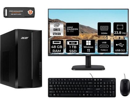 Acer Aspire TC1760 DTBHUEM004MNT1443 Harici Radeon RX 550 Intel Core i3 12100 48 GB Ram 1 TB SSD Tower Windows 11 Pro 23.8 inç Monitörlü Masaüstü Bilgisayar + PER4 BELLEK