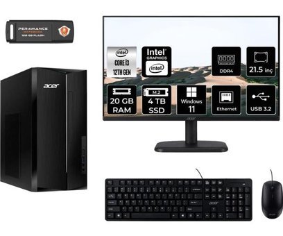Acer Aspire TC1760 DTBHUEM004MNT420 Dahili Intel UHD Graphics Intel Core i3 12100 20 GB Ram 4 TB SSD Tower Windows 11 Pro 21.5 inç Monitörlü Masaüstü Bilgisayar + PER4 BELLEK