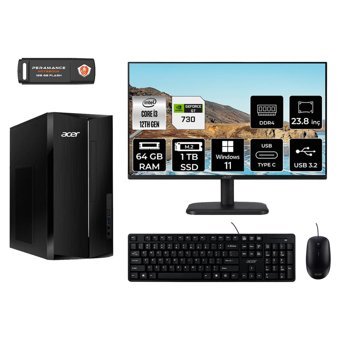 Acer Aspire TC1760 DT.BHUEM.004 Harici GeForce GT 730 4 GB Intel Core i3 12100 64 GB Ram 1 TB SSD Tower Windows 11 Pro 23.8 inç Monitörlü Masaüstü Bilgisayar
