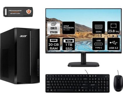 Acer Aspire TC1760 DTBHUEM004MNT1318 Harici Radeon RX 550 Intel Core i3 12100 20 GB Ram 1 TB SSD Tower FreeDos 23.8 inç Monitörlü Masaüstü Bilgisayar + PER4 BELLEK