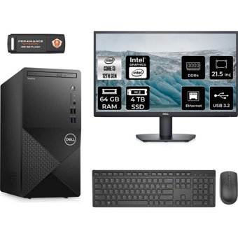Dell Vostro 3910MT N3563VDT3910MNT350 Dahili Intel UHD Graphics Intel Core i3 12100 64 GB Ram 4 TB SSD Tower FreeDos 21.5 inç Monitörlü Masaüstü Bilgisayar + PER4 BELLEK