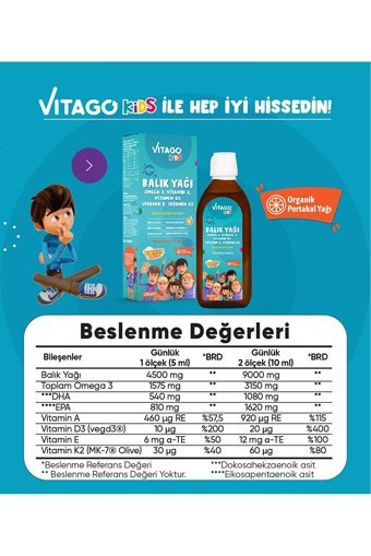 Vitago Kids Çiğnenebilir Omega 3 Balık Yağı Şurup 150 ml