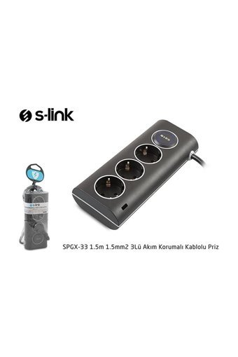 S-Link Spgx-33 3'lü Soket 1.5 metre Kablolu Tekli 750 J Akım Korumalı Priz