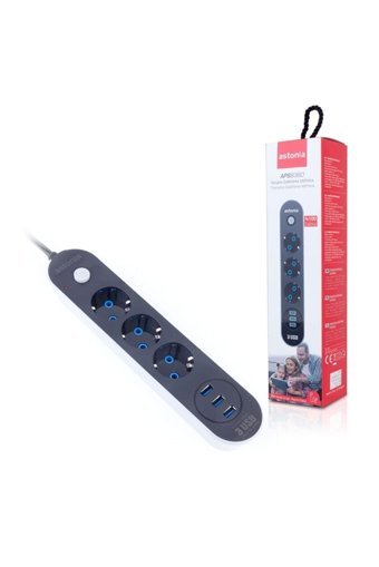 Astoni̇a Aps8360 3'lü Soket 2 metre 3'lü USB Kablolu Tekli 177 J Akım Korumalı Priz