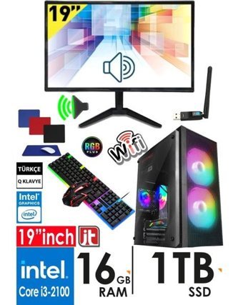 Dts Teknoloji DTS TEKNOLOJİ J-TECH R282 Dahili Intel HD Graphics 2000 Intel Core i3 2100 16 GB Ram 1 TB SSD Tower FreeDos 19 inç Monitörlü Masaüstü Bilgisayar