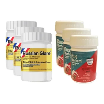 Russian Glare Tüm Ciltler İçin Tüm Vücut Genital Bölge Unisex Tüy Dökücü Sprey 3x50 ml +Rus Merhemi Genital Bölge Kremi 3x50 ml