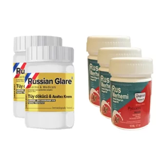 Russian Glare Tüm Ciltler İçin Tüm Vücut Genital Bölge Unisex Tüy Dökücü Sprey 2x50 ml +Rus Merhemi Genital Bölge Kremi 3x50 ml