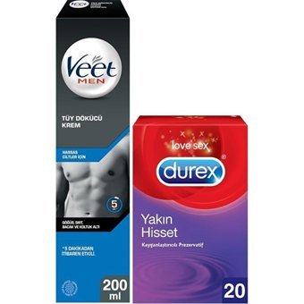 Veet Men Hassas Ciltler İçin Tüm Vücut Genital Bölge Erkek Tüy Dökücü Sprey 200 ml + DUREX Yakın Hisset Kayganlaştırıcılı Prezervatif 20’li